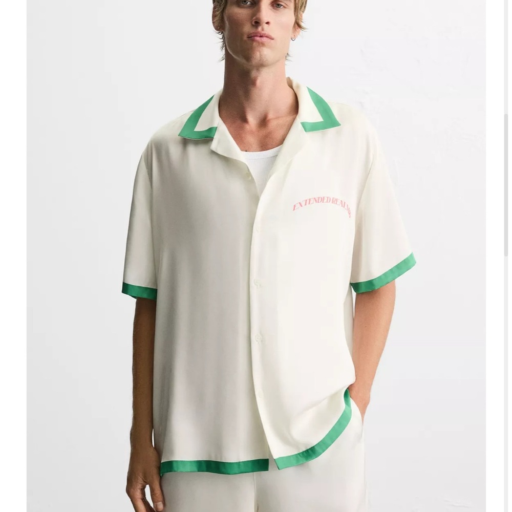 Satin shirt and shorts contrast stripe. Set- Size XL. Cream and Green color - Picture 4 of 13